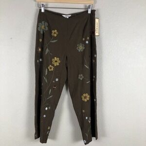 Edward Pants Women 6 Brown Linen Blend Floral Embroidered Straight Cruisewear